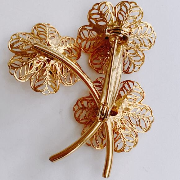 Vintage Mid Century Filigree Brooch Pink Rhinestone Floral Gold Tone 1950s 1960s - Picture 8 of 10